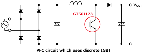 The illustration of application circuit example of a discrete IGBT with wide SOA for PFCs of air conditioners’ power supplies: GT50J123.