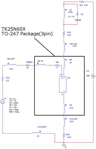 これは、MOSFET四端子パッケージTO-247-4L(TK25Z60X)応用回路のシミュレーション回路です。