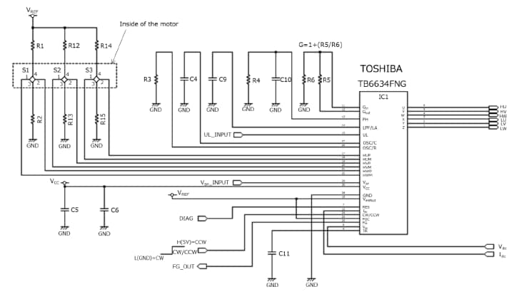これは、ブラシレスDCモータードライバー正弦波駆動方式TPD4206F+TB6634FNG応用回路の応用回路例（回路図）です。