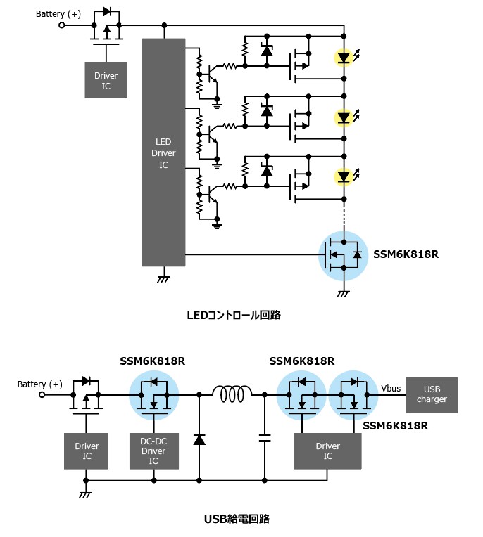 これは、低オン抵抗で低消費電力化に貢献する車載機器向け小型MOSFETのラインアップ拡充:SSM6K818R、SSM6K804Rの応用回路例です。