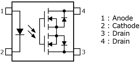 The illustration of pin assignment of lineup expansion of photorelays by new products with high OFF-state output terminal voltage ratings that use P-SON4 package allowing high-density mounting : TLP3483, TLP3484.