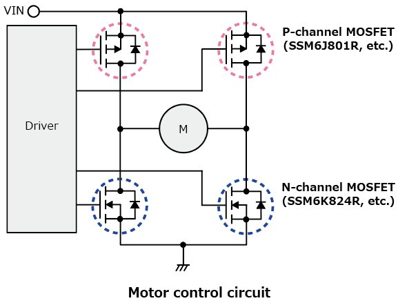 The illustration of application circuit example of Lineup Expansion of 1.5 W MOSFET Products that Use The Small TSOP6F Package and Help Reduce The Size of Equipment