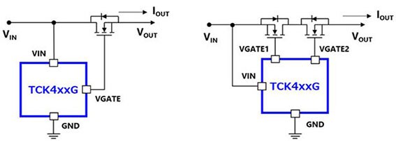 これは、ロードスイッチ回路の例 (シングルハイサイド、バック・トゥ・バック)の画像です。