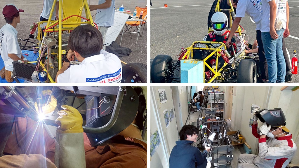 これは群馬大学学生フォーミュラチーム (GUFT) が大会に向けて取り組んでいる写真です。 ​