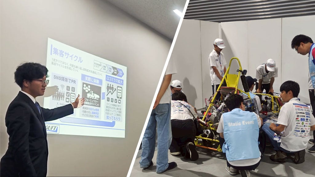 これは群馬大学学生フォーミュラチーム (GUFT) がプレゼンテーション審査を受けている写真です。