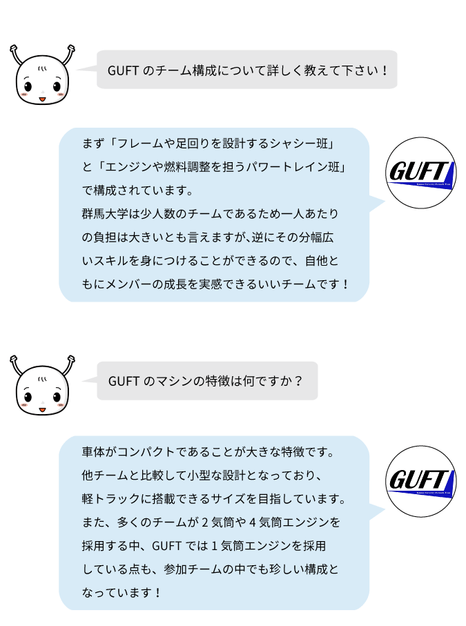 GUFTはシャーシ班とパワートレイン班で構成され、コンパクトな車体と1気筒エンジンを特徴とする。