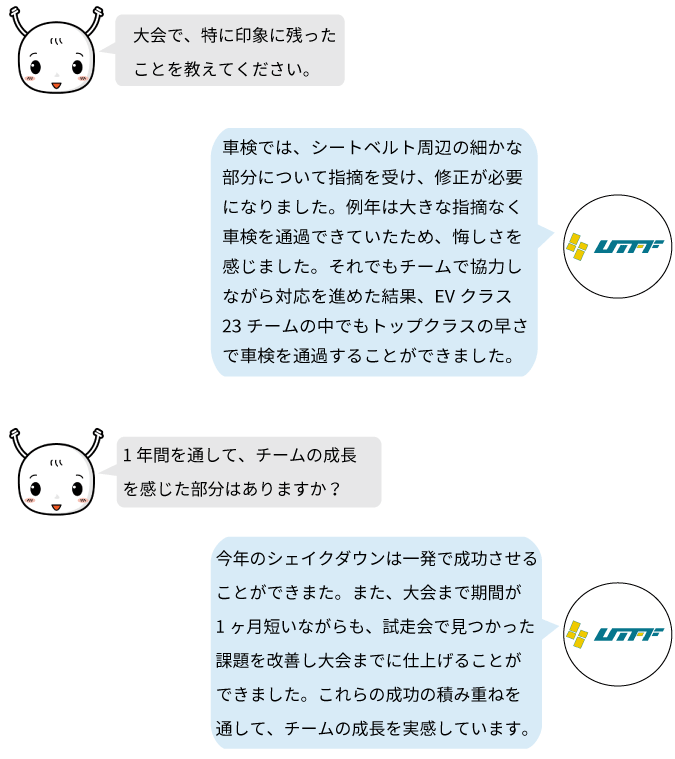 UTFFは、試走会で見つかった問題を大会までに改善し、車検への対応やシェイクダウンの成功を通してチームの成長を実感しました。