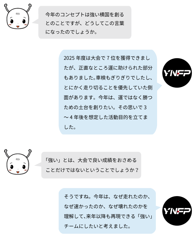 YNFPは大会での結果だけでなく、勝てる仕組みや組織基盤を築くことを「強さ」と考えています。走行やトラブルの要因を分析し、成果を再現できるチームづくりを目指しています。