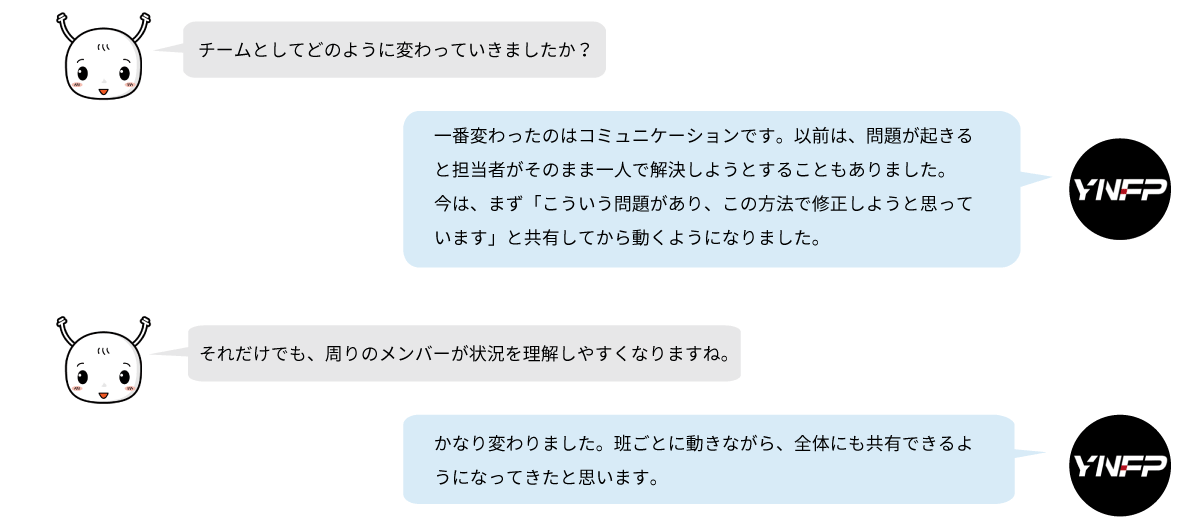 YNFPはチーム内のコミュニケーションを改善し、問題発生時の情報共有を重視する体制へと変化しました。班ごとの活動だけでなく、チーム全体で状況を共有できる組織づくりを進めています。