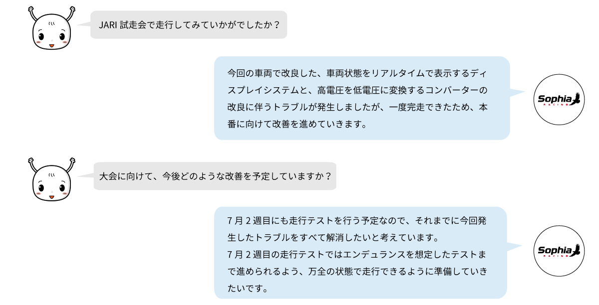 JARI試走会で発生したディスプレイシステムやコンバーターのトラブルを振り返り、大会本番に向けた改善計画や走行テストの準備について紹介。