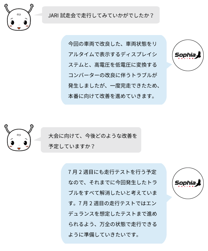 JARI試走会で発生したディスプレイシステムやコンバーターのトラブルを振り返り、大会本番に向けた改善計画や走行テストの準備について紹介。