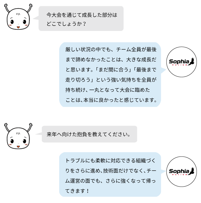 厳しい状況でも最後まで諦めずに完走を目指したチームの成長と、技術力と組織力のさらなる向上を目指す来年への抱負を紹介。