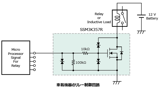 これは、アクティブクランプ構造を採用した リレー駆動用小型MOSFET: SSM3K357Rの応用回路例です。