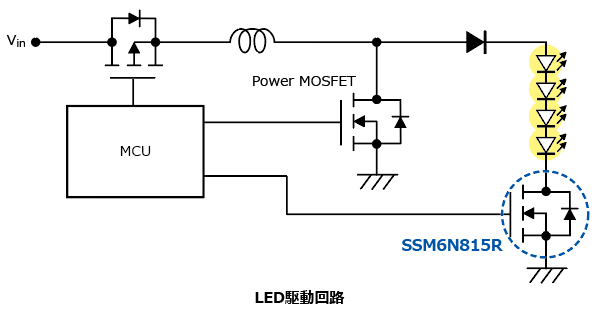 これは、⾼許容損失・⼩型パッケージを採⽤した100 V耐圧デュアルタイプのNチャネルMOSFET: SSM6N815Rの応用回路例です。