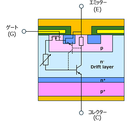 NチャネルIGBTの構造図。MOSFET構造の下側にp+層が追加された縦方向の層構造を示し、コレクター、ゲート、エミッター各端子に対応する領域の配置を表している。