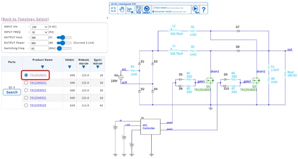 これはInterleaved PFCのシミュレーション条件と回路構成の画像です。