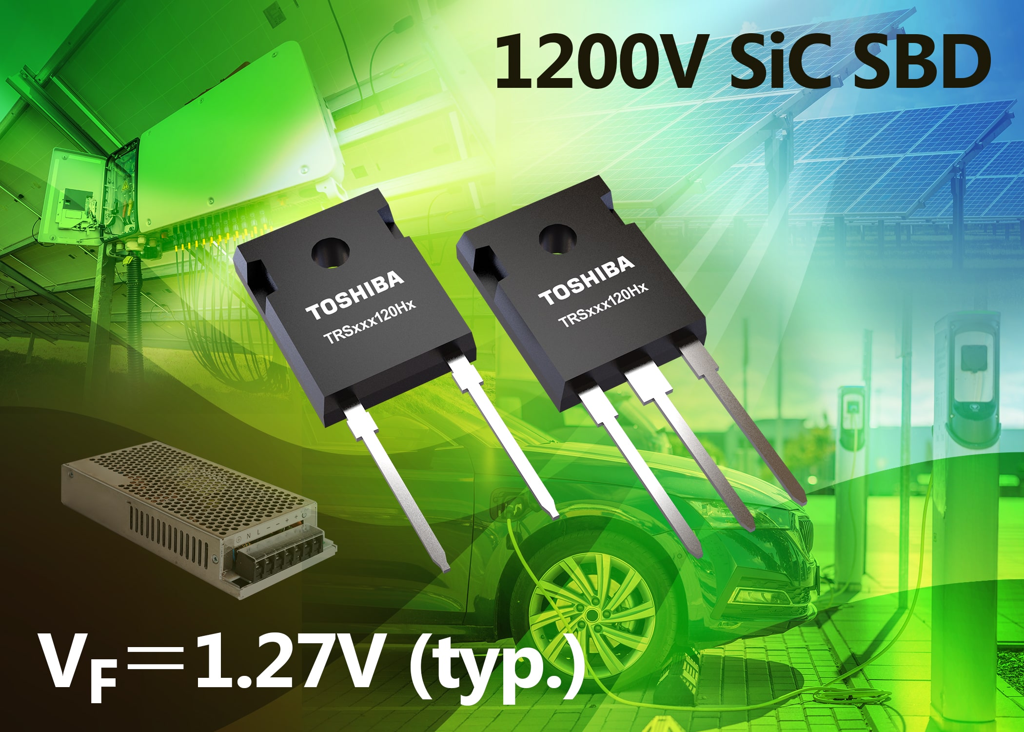 New Toshiba 1200V SiC Schottky barrier diodes achieve typical low forward voltage of 1.27V