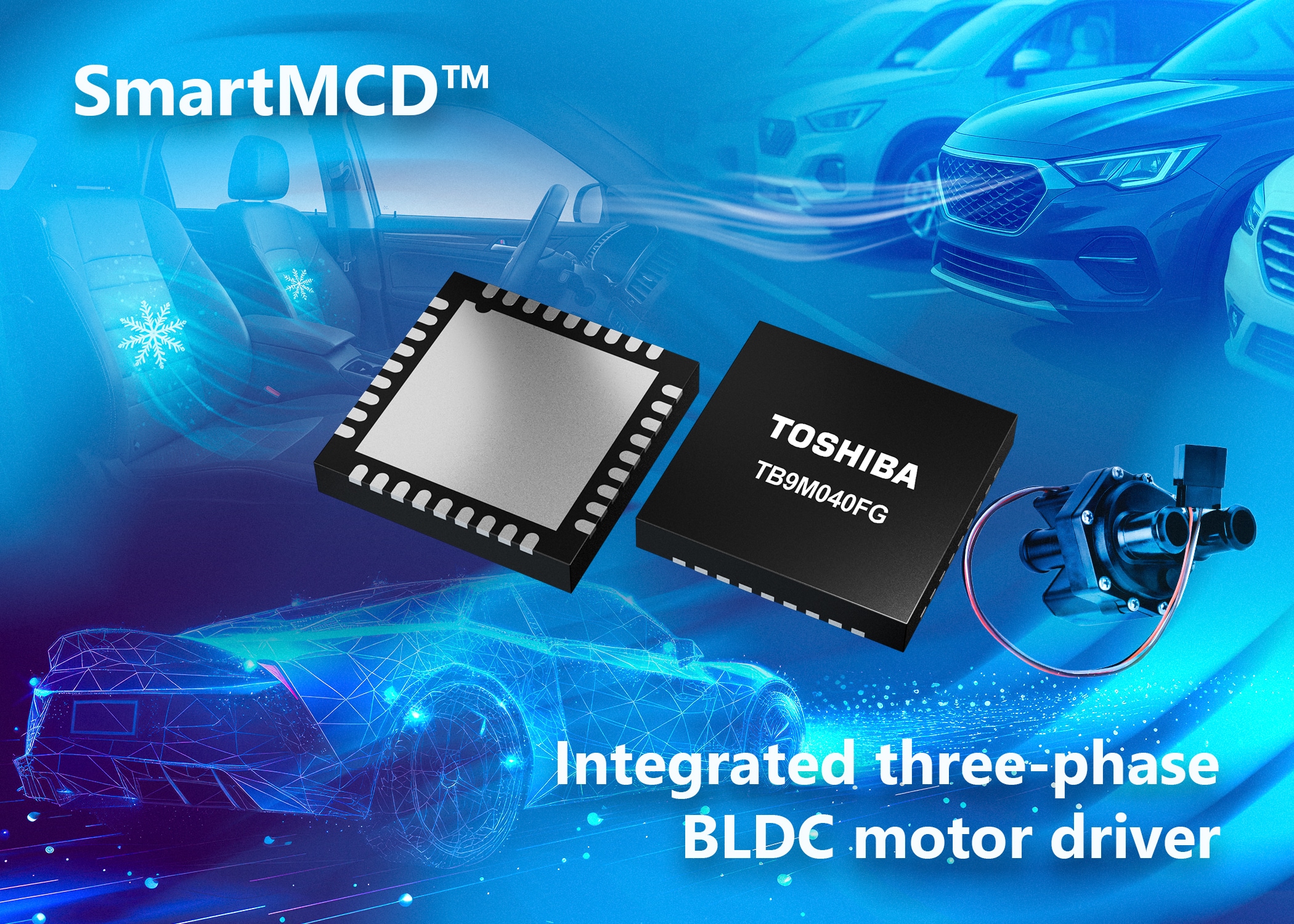 Toshiba samples TB9M040FTG SmartMCD™ device integrating MCU and MOSFETs for direct drive of compact automotive BLDC motors