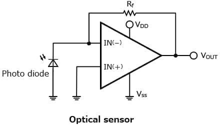 The illustration of application circuit example of expansion of the lineup of input and output full range operational amplifiers for sensors for mobile devices that contribute to long-term operation : TC75S103F.