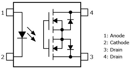 The illustration of pin assignment of 200 V, 0.4 A small photorelay: TLP3145.