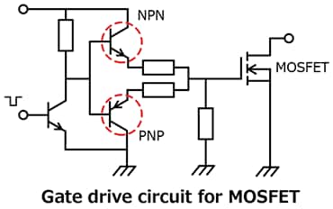 The illustration of application circuit example of lineup expansion of bipolar transistors suitable for gate drive circuits, current switches, and LED drive circuits.