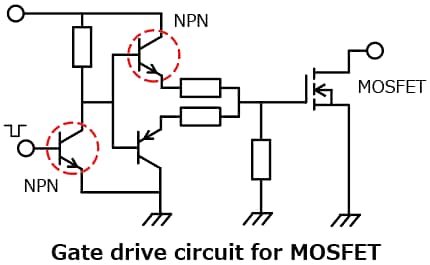 The illustration of application circuit example of expanded lineup of bipolar transistors that contribute to the reduction of the power consumption of equipment.