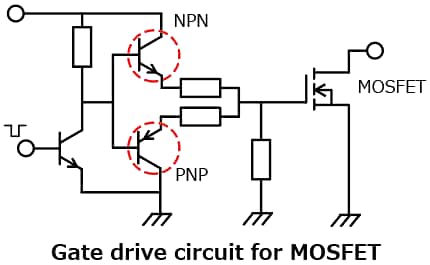 The illustration of application circuit example of expanded lineup of bipolar transistors contribute to the reduction of environmental impacts.