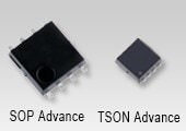 The package photograph of 100 V N-channel power MOSFET products for industrial equipment, featuring industry’s lowest level On-resistance: TPH3R70APL, TPN1200APL.