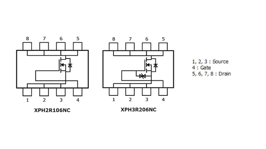 The illustration of internal circuits of lineup expansion of power MOSFETs of SOP Advance (WF) packages that contribute to lower power consumption for automotive equipment : XPH2R106NC,XPH3R206NC.