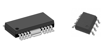 Figure 1: The TA7291 H-bridge motor driver of the past (left) alongside the more advanced and compact TB67H450FNG that is being used today (right)