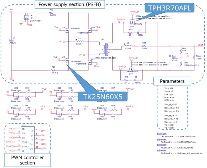 Circuit of phase-shift full bridge (PSFB) AC-DC power supply basic simulation circuit.