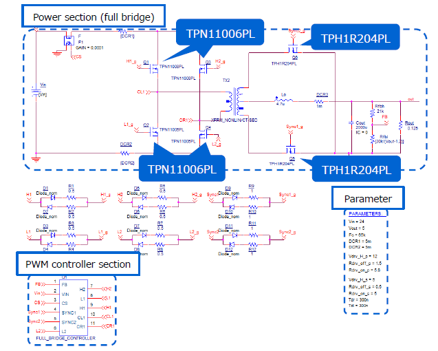 Circuit of Full-Bridge DC-DC power supply basic simulation circuit.
