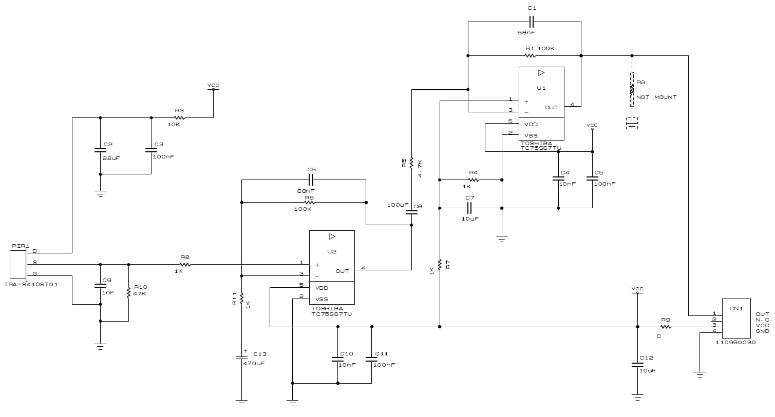 Circuit of application circuit of low noise Op-Amp TC75S67TU for pyroelectric infrared sensor.