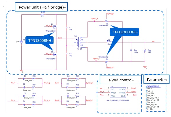 Circuit of Half-Bridge (HB) DC-DC power supply basic simulation circuit.