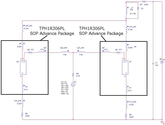 Simulation circuit of PCB trace of parallel operation of MOSFET(TPH1R306PL) application circuit.