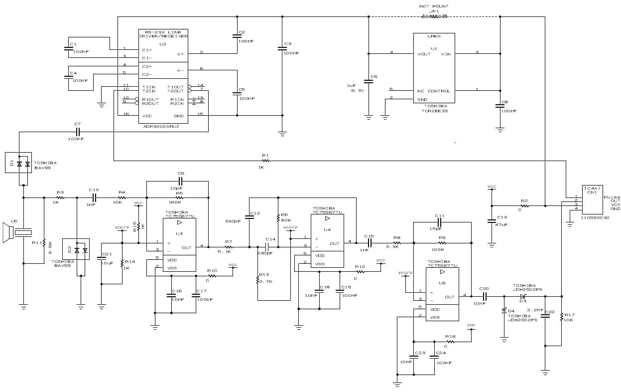 Circuit of application circuit of low noise Op-amp TC75S67TU for ultrasonic distance sensor.