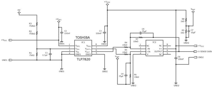 Applicatoin circuit diagram of application circuit (voltage sensing) of the TLP7820 isolation amplifier.