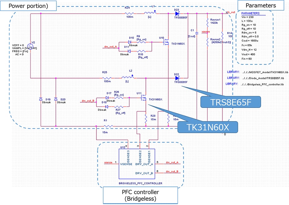 Circuit diagram of bridgeless PFC power supply basic simulation circuit.