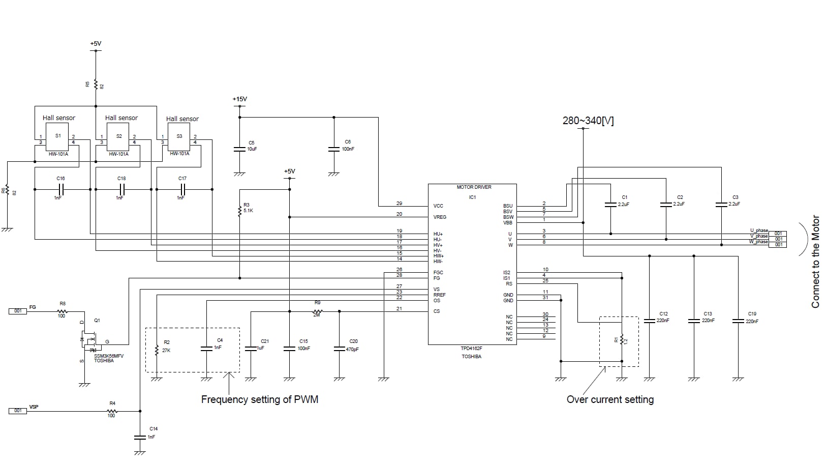 Circuit diagram of TPD4162F square-wave control type BLDC motor drive circuit.