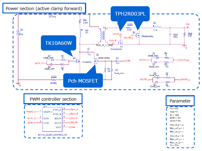 Circuit of active clamp forward AC-DC power supply basic simulation circuit.