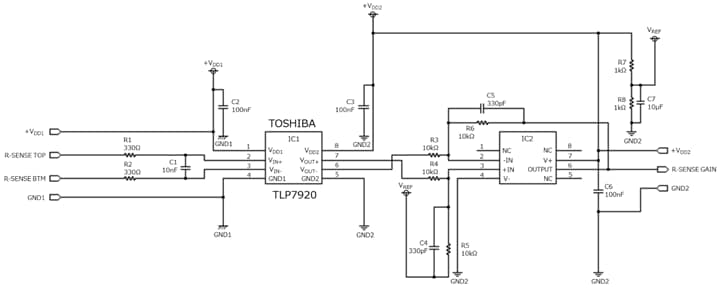Applicatoin Circuit Diagram of application circuit (current sensing) of the TLP7920 isolation amplifier.