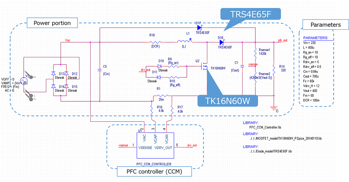 Circuit diagram of single phase PFC power supply basic simulation circuit.