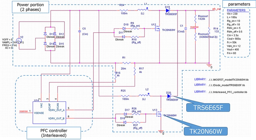 これは、インターリーブ方式PFC電源基本シミュレーション回路の回路図です。
