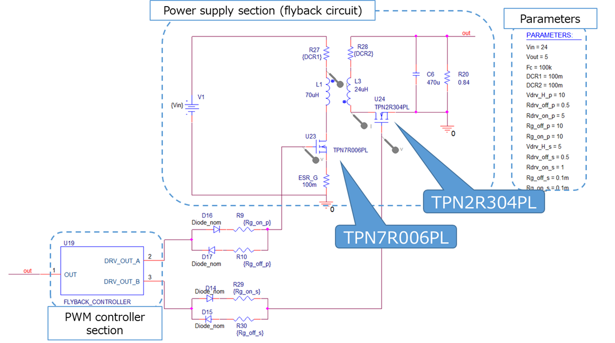 これは、Flyback方式DC-DC電源基本シミュレーション回路の回路図です。
