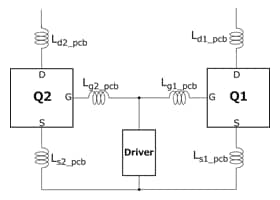 これは、MOSFET並列駆動(TPH1R306PL)応用回路の素子とパターン配線インダクタンスの関係です。