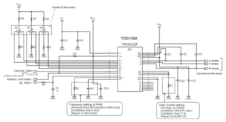 これは、ブラシレスDCモータードライバー矩形波駆動方式TPD4152F応用回路の応用回路例（回路図）です。