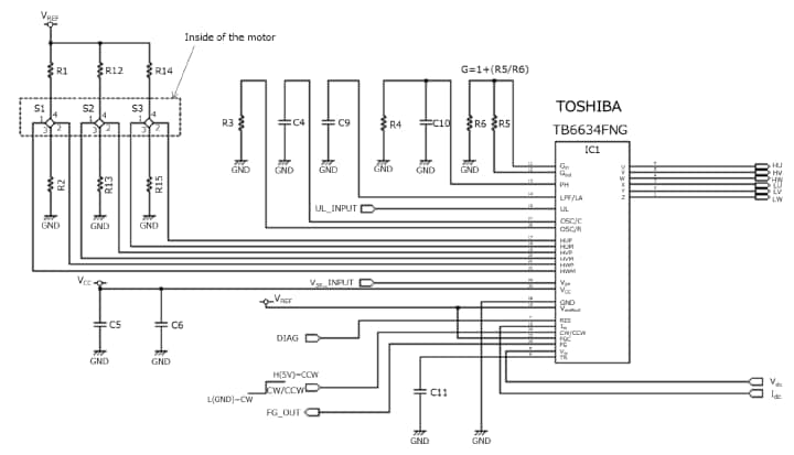 これは、ブラシレスDCモータードライバー正弦波駆動方式TPD4204F+TB6634FNG応用回路の応用回路例（回路図）です。