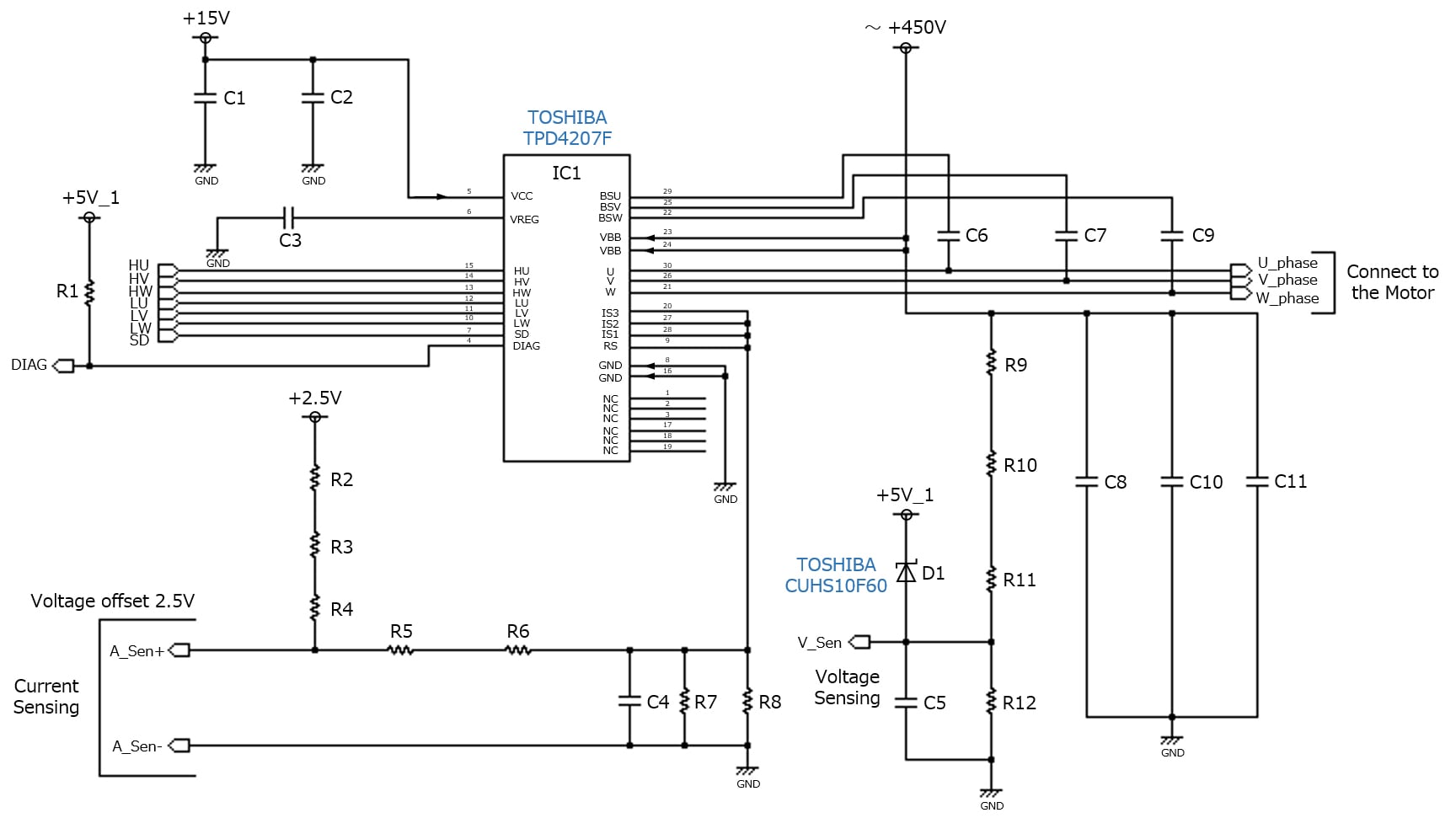これは、TPD4207F 小型コンプレッサーモーター駆動応用回路の応用回路例(回路図)です。
