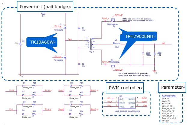 これは、ハーフブリッジ (HB) 方式AC-DC電源基本シミュレーション回路の回路図です。