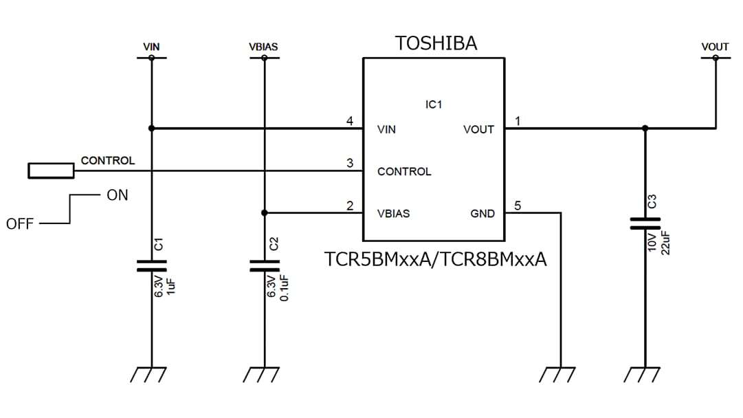 これは、LDOレギュレーターTCR5BM/8BMシリーズCMOSイメージセンサーデジタルコア向け電源回路の標準回路です。